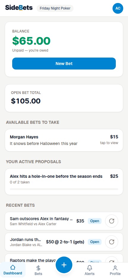 The Side Bets dashboard showing a group's balance, open bet total, available proposals, and recent bets