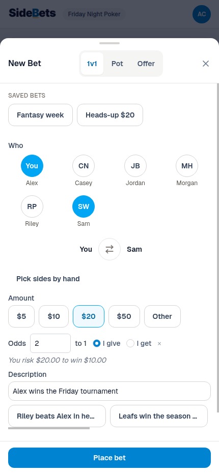 The New Bet form with 2-to-1 odds set and the risk-to-win preview line